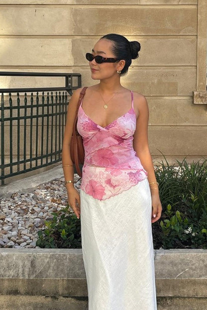 Floral Trim Chiffon Waist Cinched Padded Cami Top
