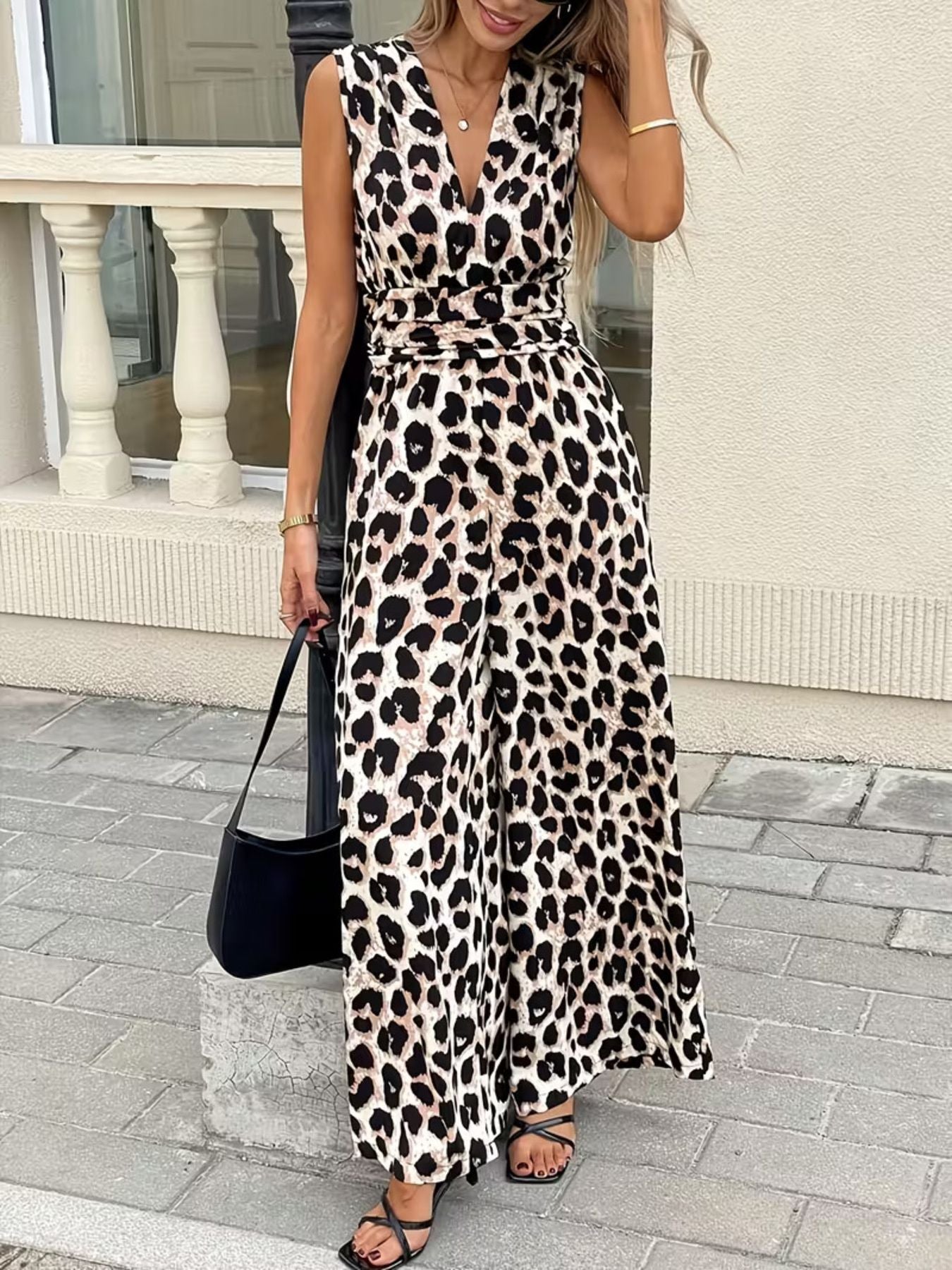 Hazel Blues® |  Sleeveless V-Neck Leopard Print Wide Leg Jumpsuit