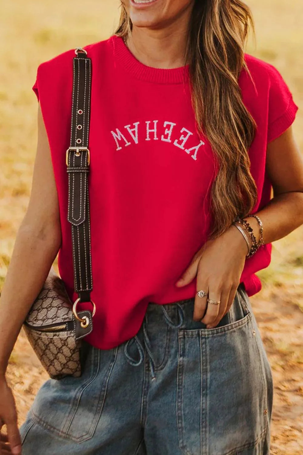 Hazel Blues® |  Letter Embroidered Sleeveless Knit Sweater Vest