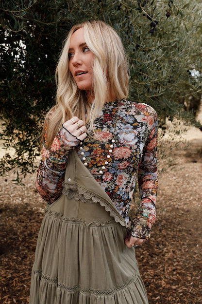 Flower Garden Mesh Long Sleeve Top - Black