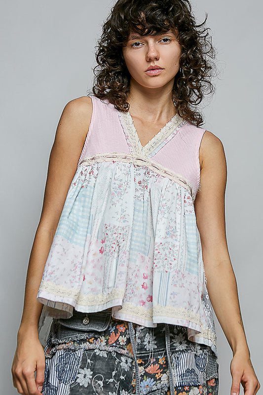 Hazel Blues® |  POL Floral V-Neck Sheer Tank with Lace Trim