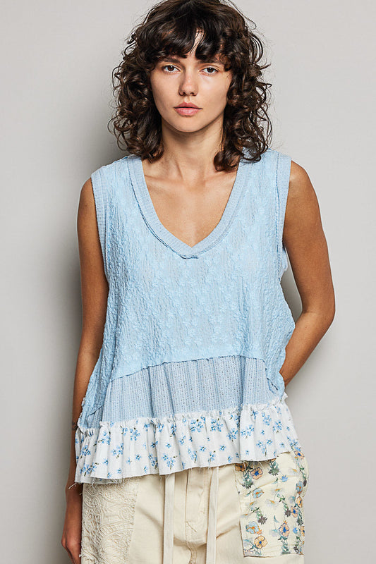 Hazel Blues® |  POL Floral Print V-Neck Textured Tank