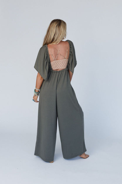 The Nest On Repeat Open Back Ruffle Jumpsuit - Light Olive