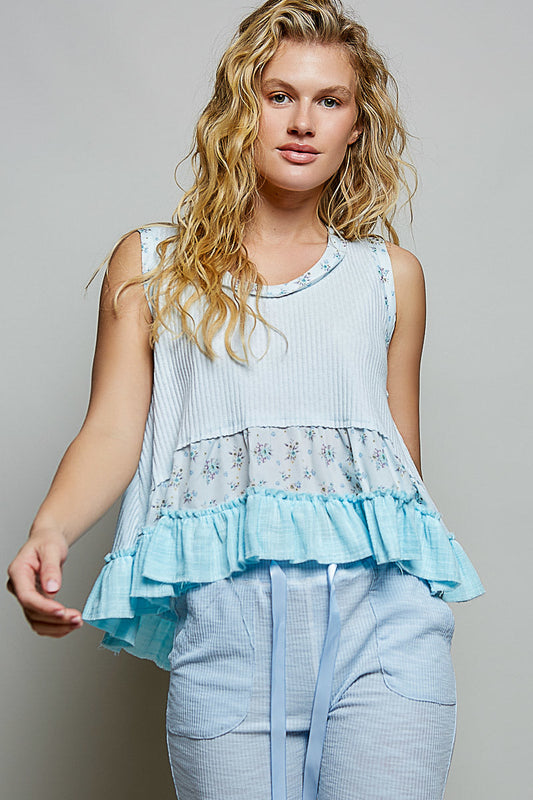 Hazel Blues® |  POL Floral Print Patche Round Neck Ribbed Tank with Double Gauze Ruffle Accents
