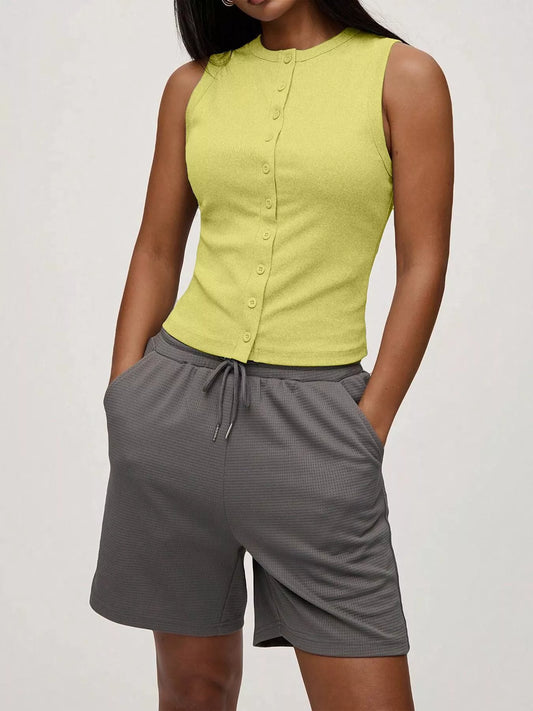 Hazel Blues® |  Ribbed Button-Front Sleeveless Tank