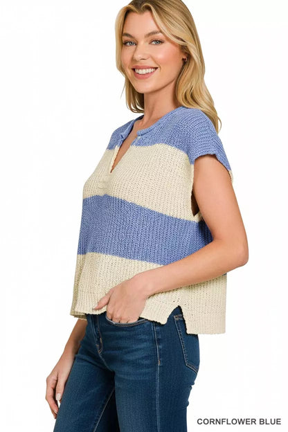 Hazel Blues® |  Zenana Split Neck Sleeveless Stripe Sweater