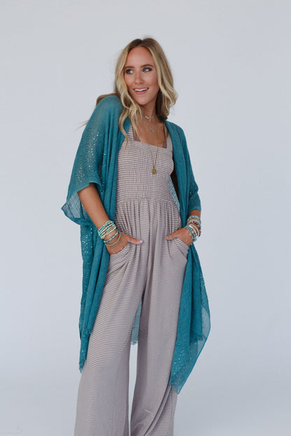 Mikka Sequin Frayed Trim Kimono - Teal
