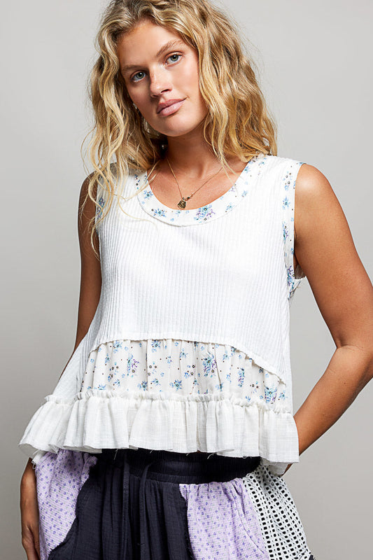 Hazel Blues® |  POL Floral Print Patche Round Neck Ribbed Tank with Double Gauze Ruffle Accents