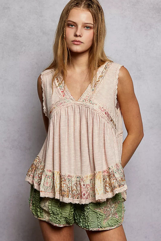 Hazel Blues® |  POL Lace Detail Ruffled Ribbed Sleeveless Top with Floral Pattern Trim Detail