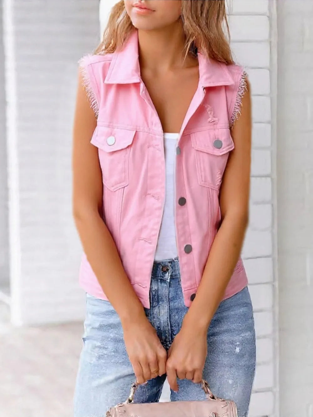 Hazel Blues® | Button Down Raw Hem Sleeveless Denim Jacket