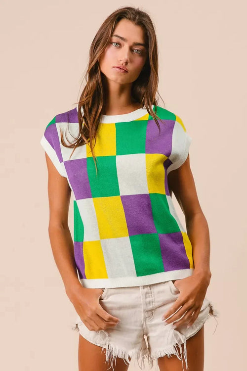Hazel Blues® |  BiBi Mardi Gras Checker Pattern Sleeveless Sweater Top