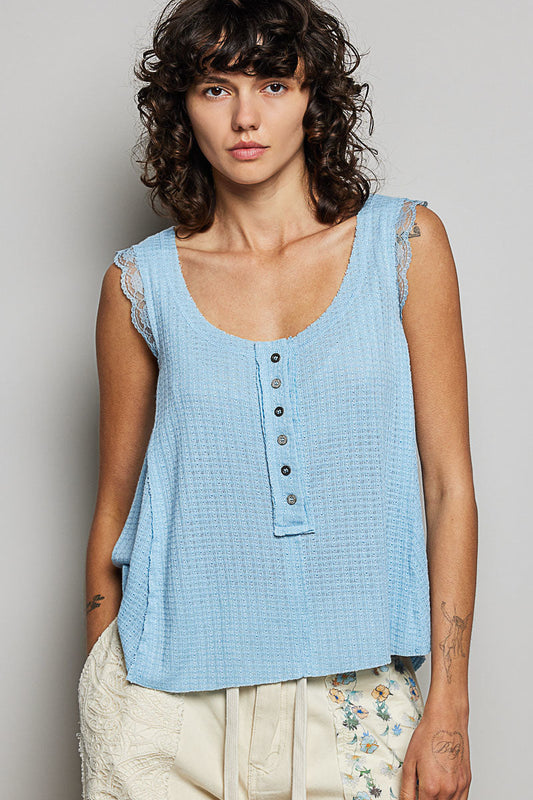 Hazel Blues® |  POL Textured Knit Round Neck Tank with Lace Detail