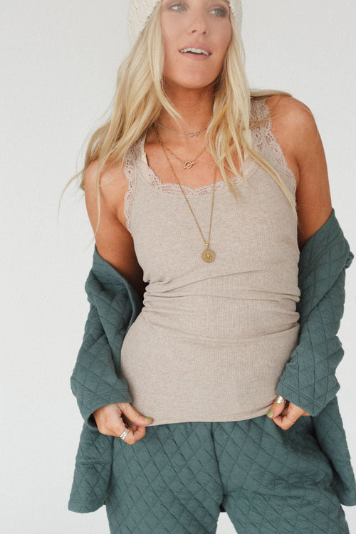 In Between Lace Trimmed Tank Top - Mocha