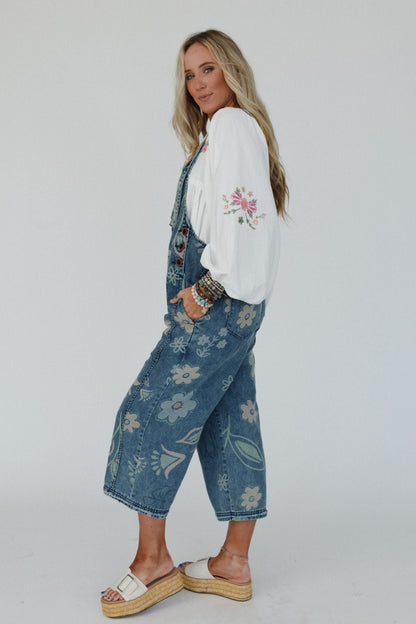High Hopes Slouchy Pocket Denim Overalls - Blue Artsy Floral
