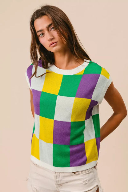 Hazel Blues® |  BiBi Mardi Gras Checker Pattern Sleeveless Sweater Top