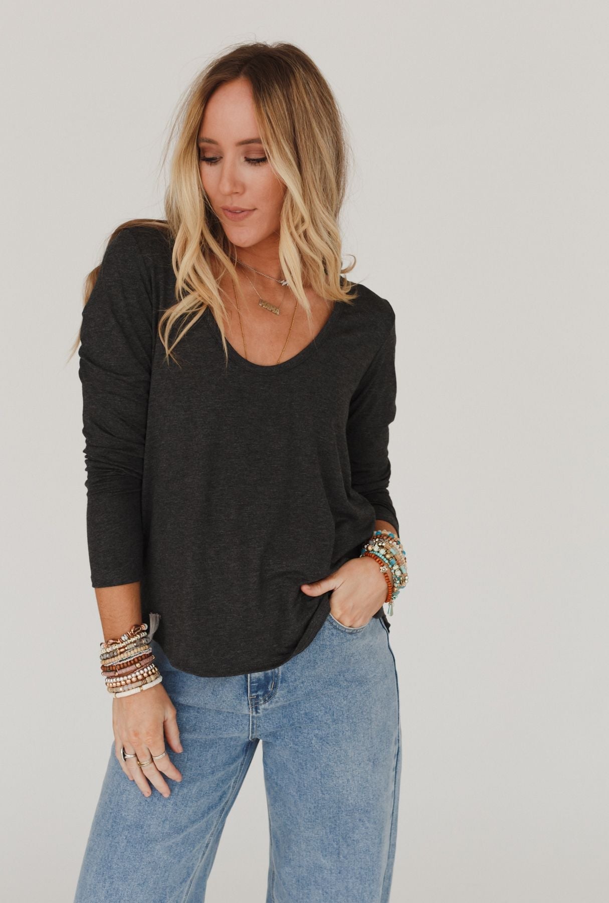 Ryder Long Sleeve Bralette Tee - Charcoal