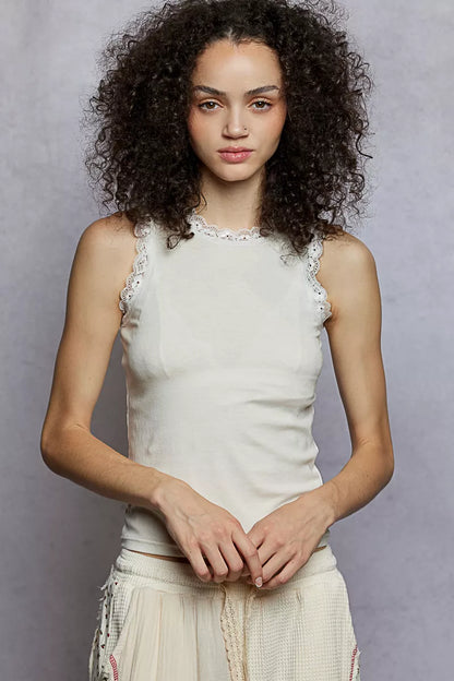 Hazel Blues® |  POL Round Neck Cropped Tank with Lace Trim