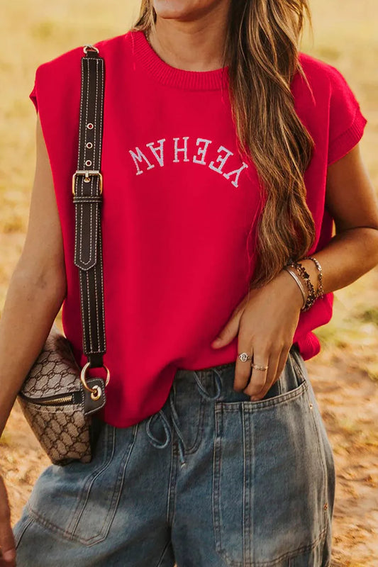 Hazel Blues® |  Letter Embroidered Sleeveless Knit Sweater Vest