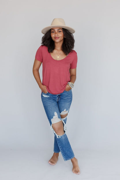 Scoop Neck Bralette Tee - Marsala
