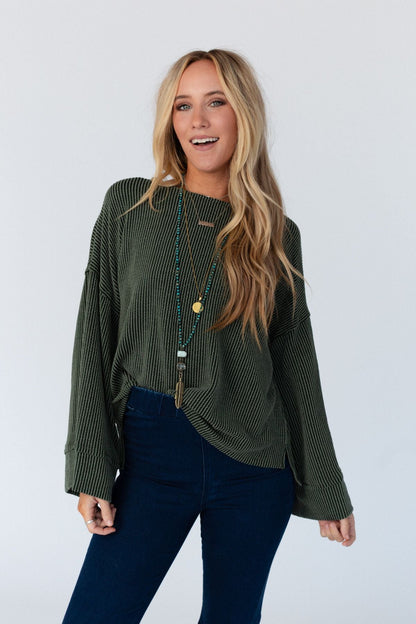The Nest Love It Round Neckline Textured Top - Olive