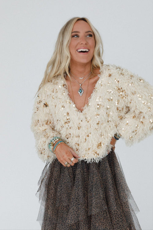 Striking Moments Sequin Sweater Top - Cream