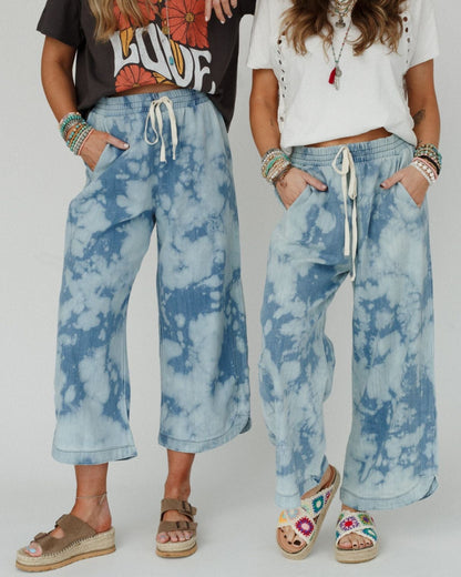 The Nest So Comfy Wide Leg Denim Pant - Bleach Dye Denim