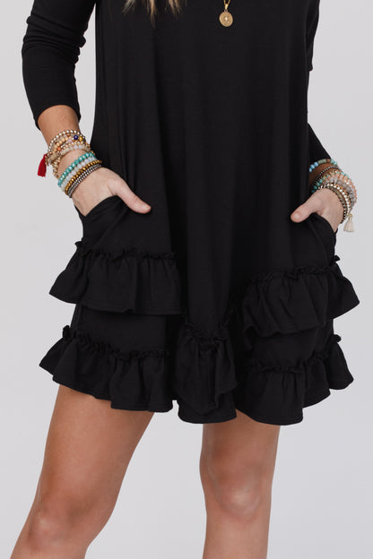 The Nest Constance Ruffle Hem Long Sleeve Dress - Black