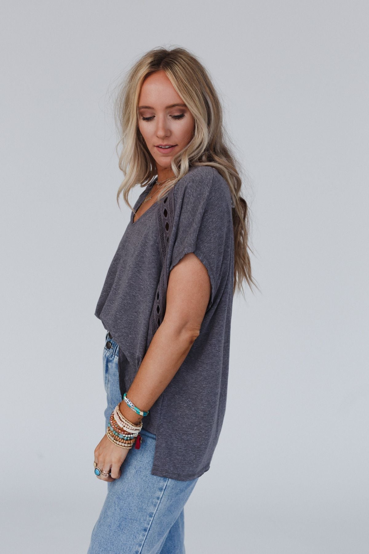 The Nest Camden Lace V Neck Top - Charcoal