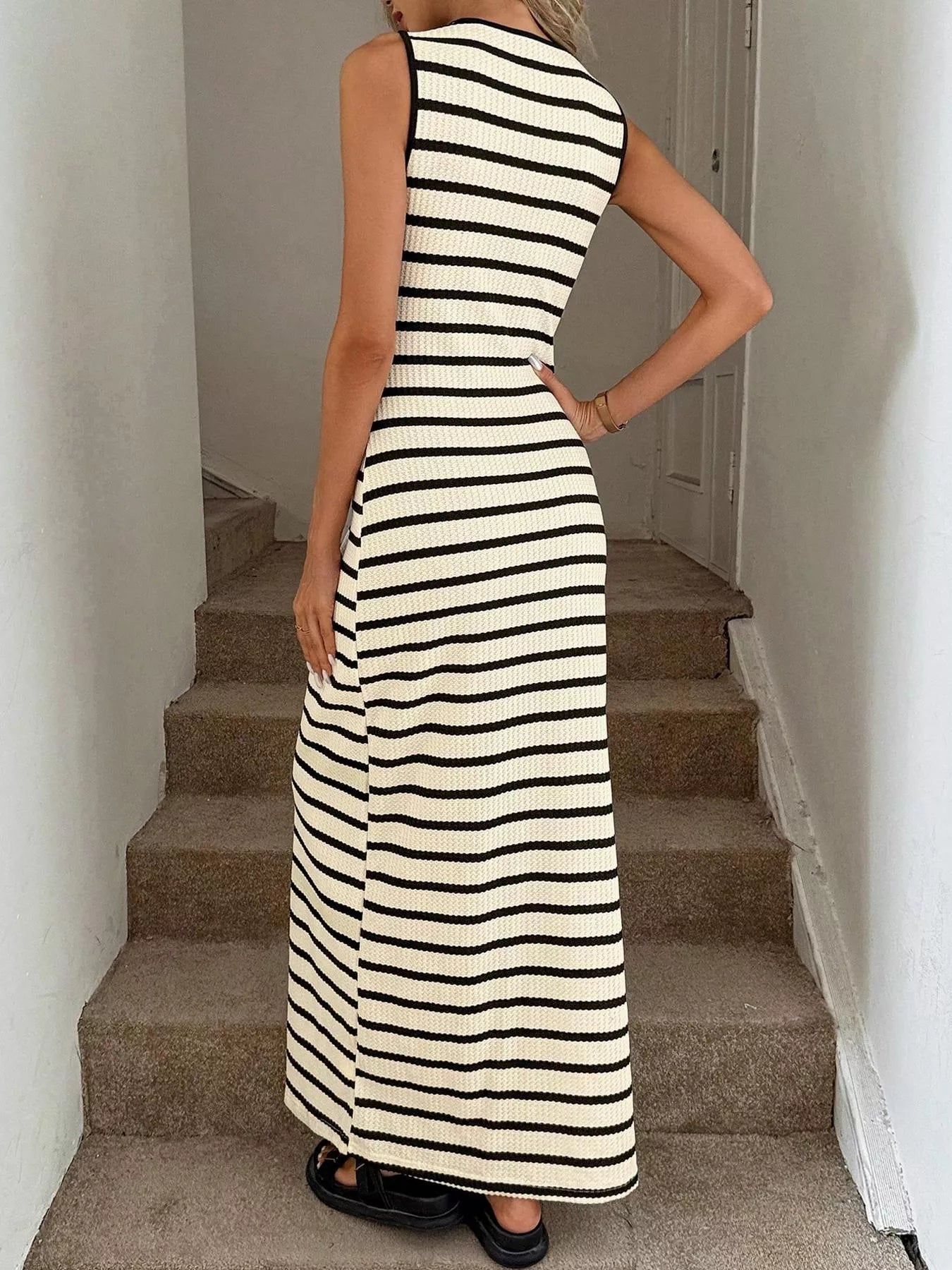 Hazel Blues® |  Striped Button-Front Sleeveless Slit Maxi Dress