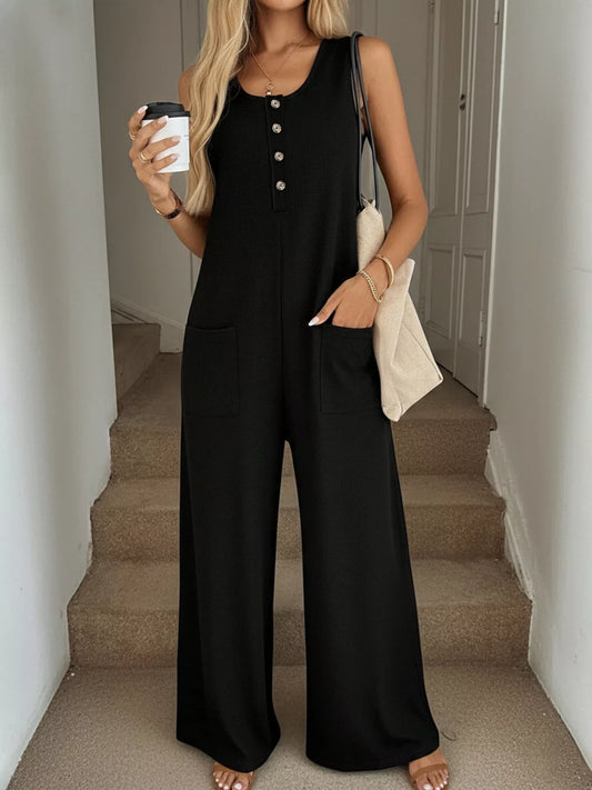 Hazel Blues® |  Sleeveless Button-Front Wide Leg Jumpsuit