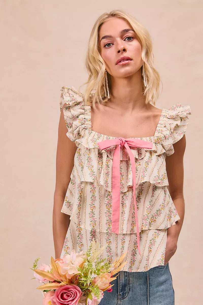 Hazel Blues® |  BiBi Floral Printed Woven Front Bow Tied Ruffled Square Neck Sleeveless Top