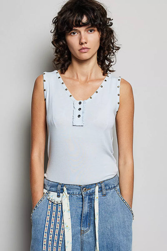 Hazel Blues® |  POL Studded Trim Button-Front Ruffle Detail Tank