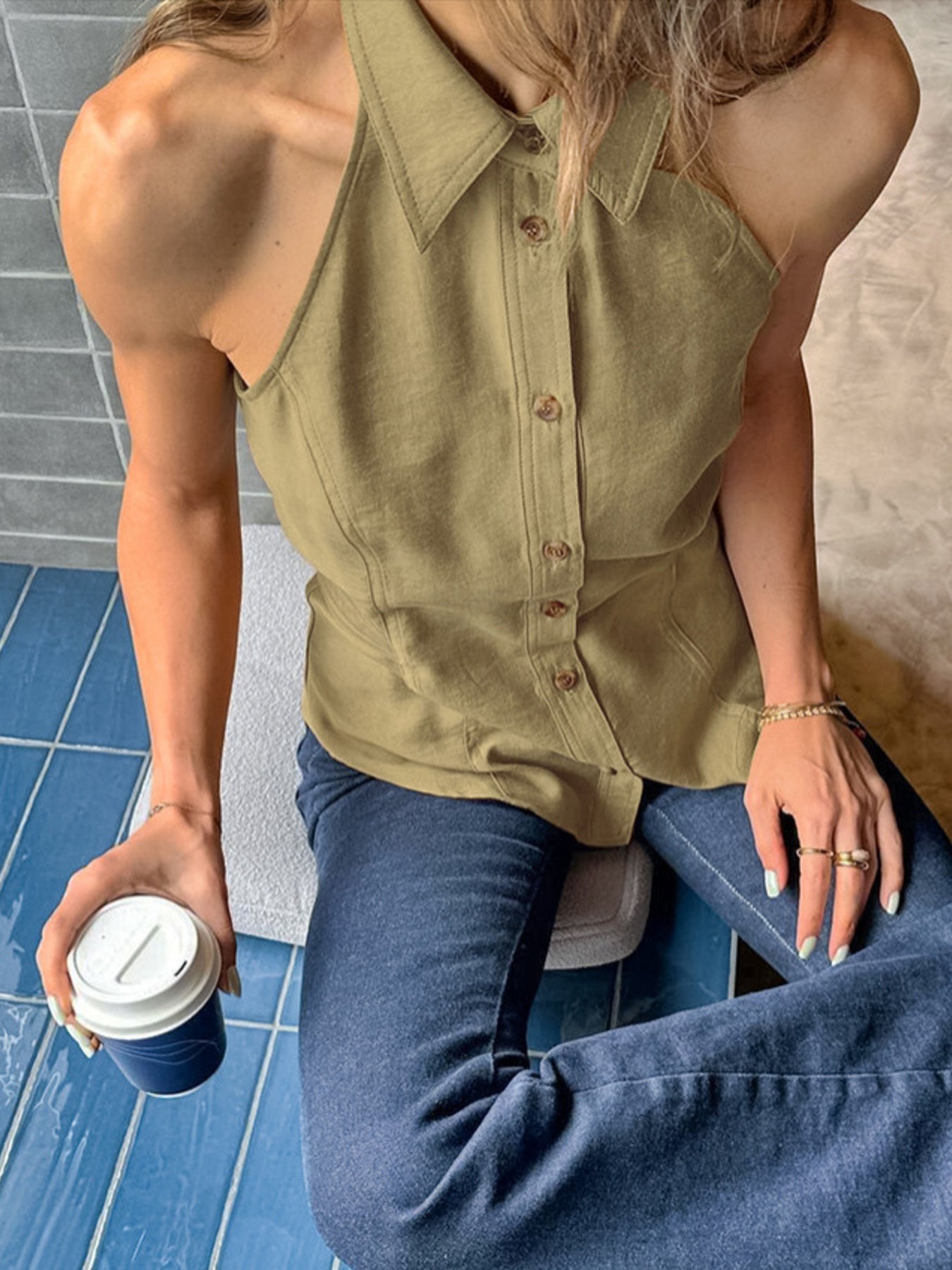 Hazel Blues® |  Button-Down Sleeveless Top