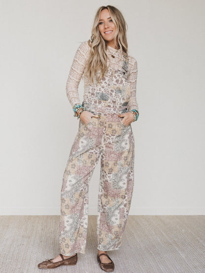 Vintage Boho Denim Overalls - Taupe Multi
