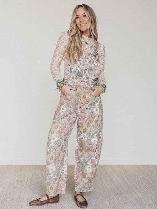 Vintage Boho Denim Overalls - Taupe Multi