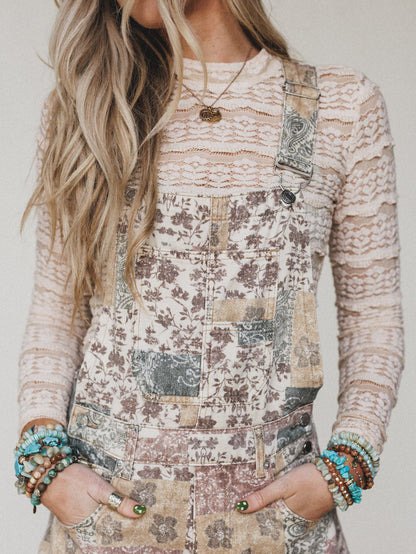 Vintage Boho Denim Overalls - Taupe Multi