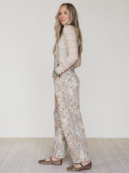 Vintage Boho Denim Overalls - Taupe Multi