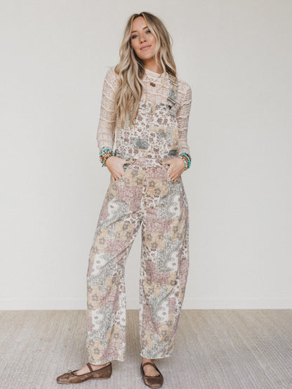 Vintage Boho Denim Overalls - Taupe Multi