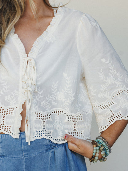 Sweet Pea Floral Embroidered Blouse - Ivory