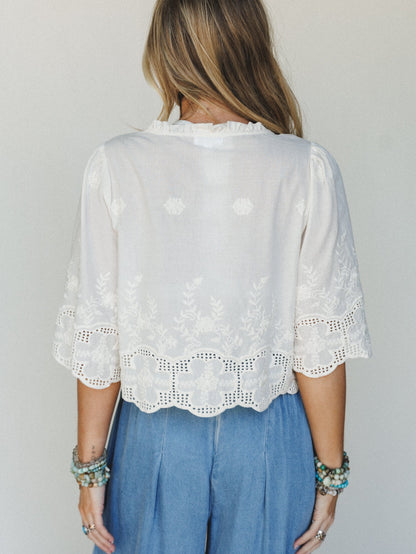Sweet Pea Floral Embroidered Blouse - Ivory