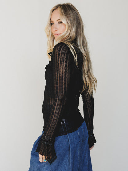 Quaint Darling Lace Long Sleeve Top - Black