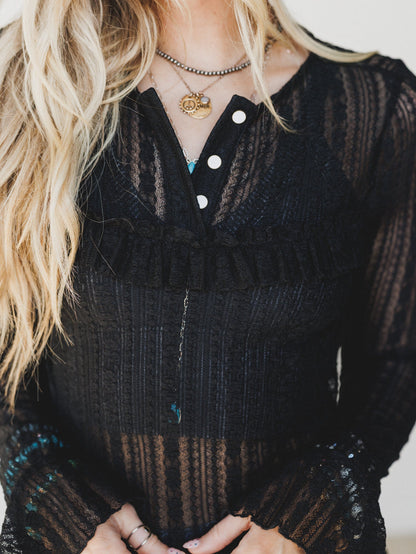 Quaint Darling Lace Long Sleeve Top - Black