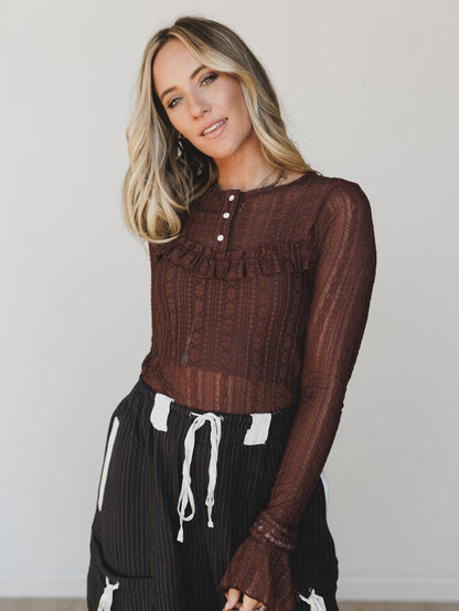 Quaint Darling Lace Long Sleeve Top - Chocolate