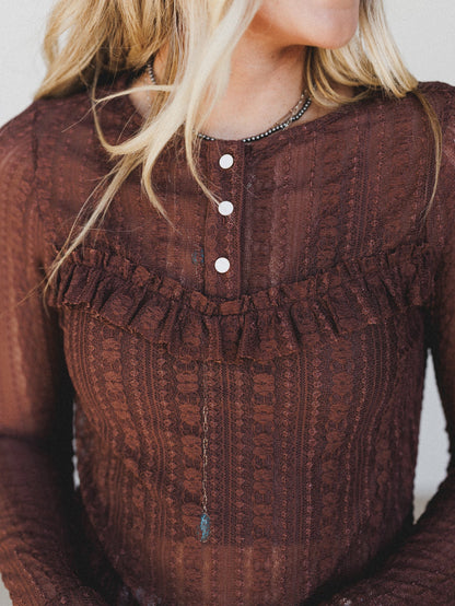 Quaint Darling Lace Long Sleeve Top - Chocolate