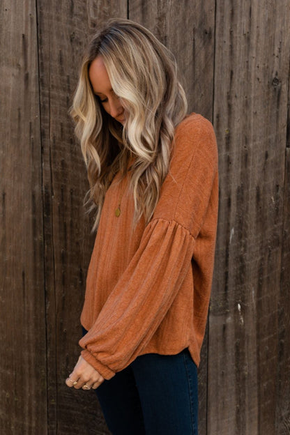 The Nest Sweet Heart Balloon Sleeve Knit Sweater - Burnt Orange