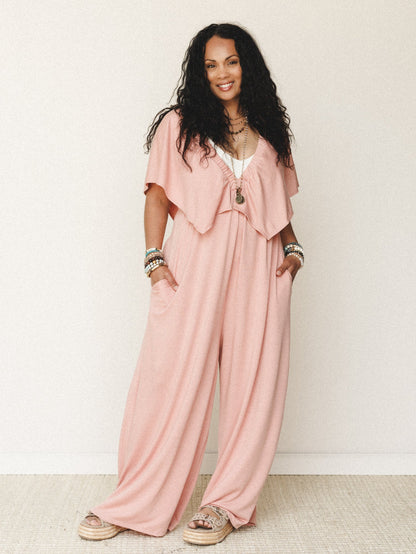 The Nest On Repeat Open Back Ruffle Jumpsuit - Shadow Blush