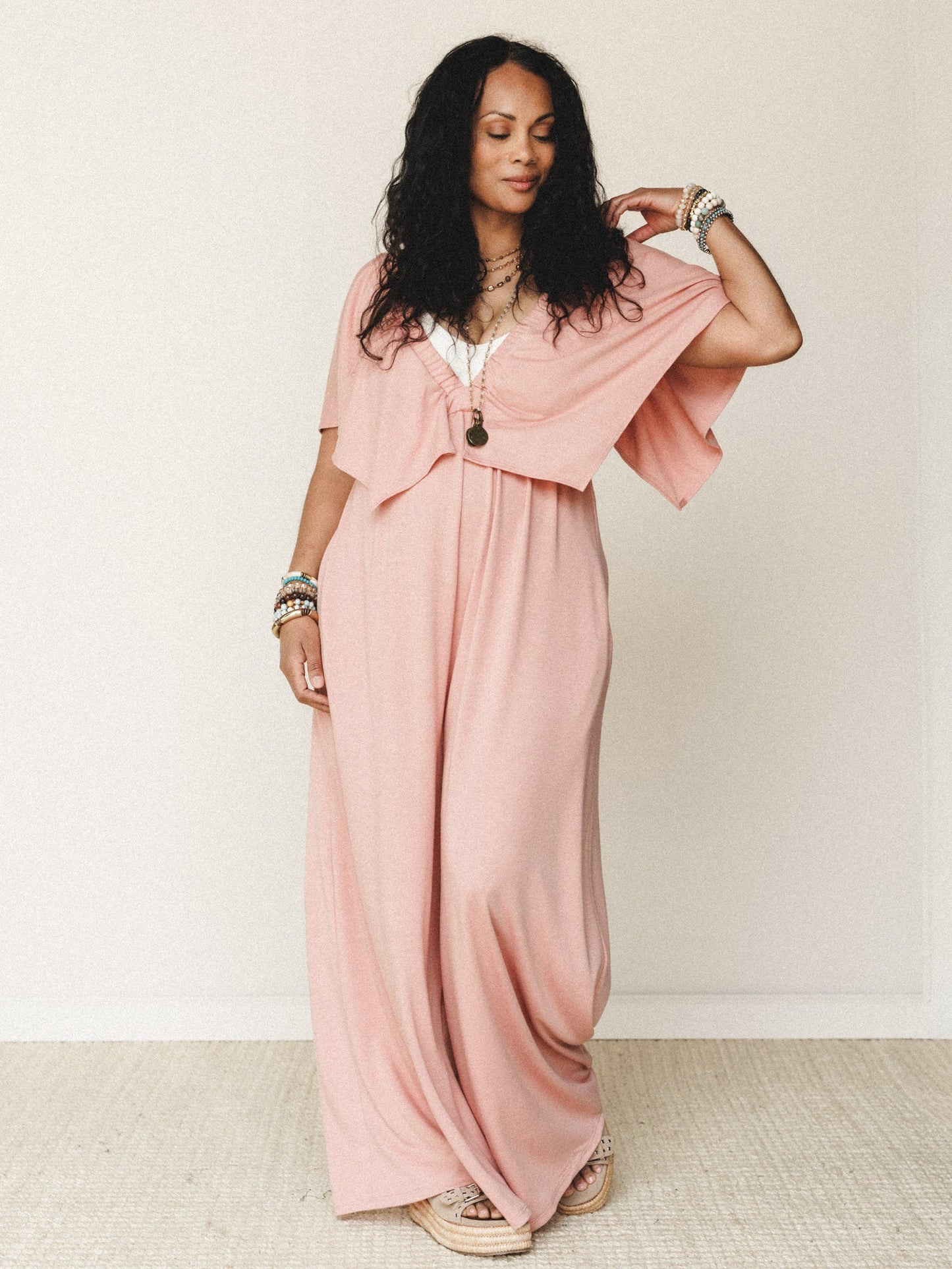 The Nest On Repeat Open Back Ruffle Jumpsuit - Shadow Blush