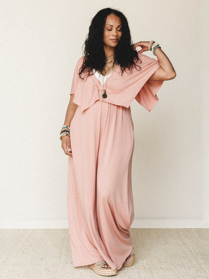 The Nest On Repeat Open Back Ruffle Jumpsuit - Shadow Blush
