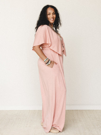 The Nest On Repeat Open Back Ruffle Jumpsuit - Shadow Blush
