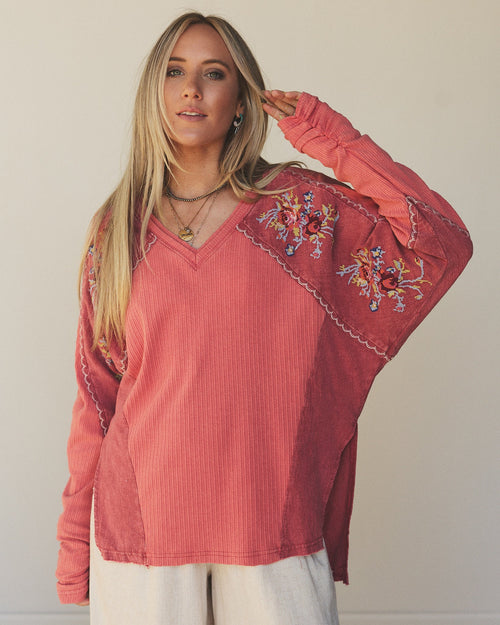Rosebud Long Sleeve Embroidered Top - Rustic Red